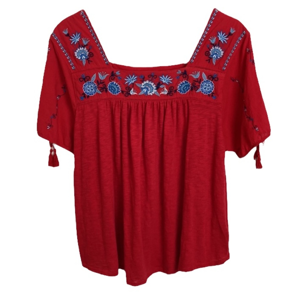 Time and Tru Red Boho Embroidered Linen BlendTop - Picture 1 of 10